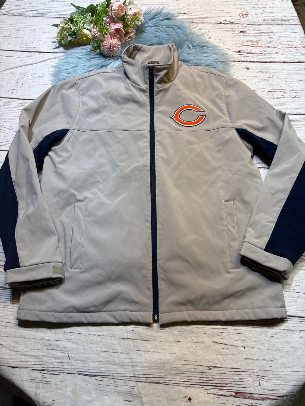 NFL Chicago Bears Gray Jacket with Navy Lining and Red-Blue Logo Sz L